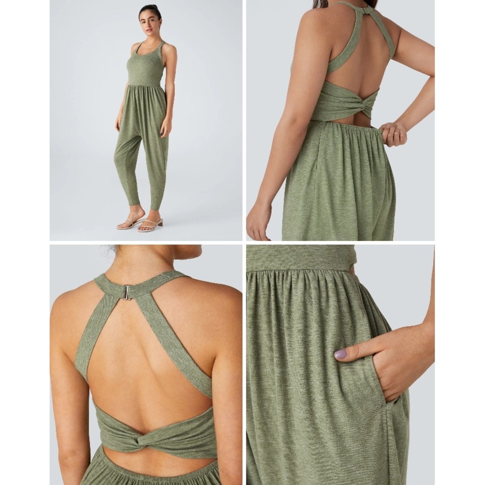 NWT Halara Harem Jumpsuit S Green Pocket Easy Peezy Halter Twisted Back Lounge